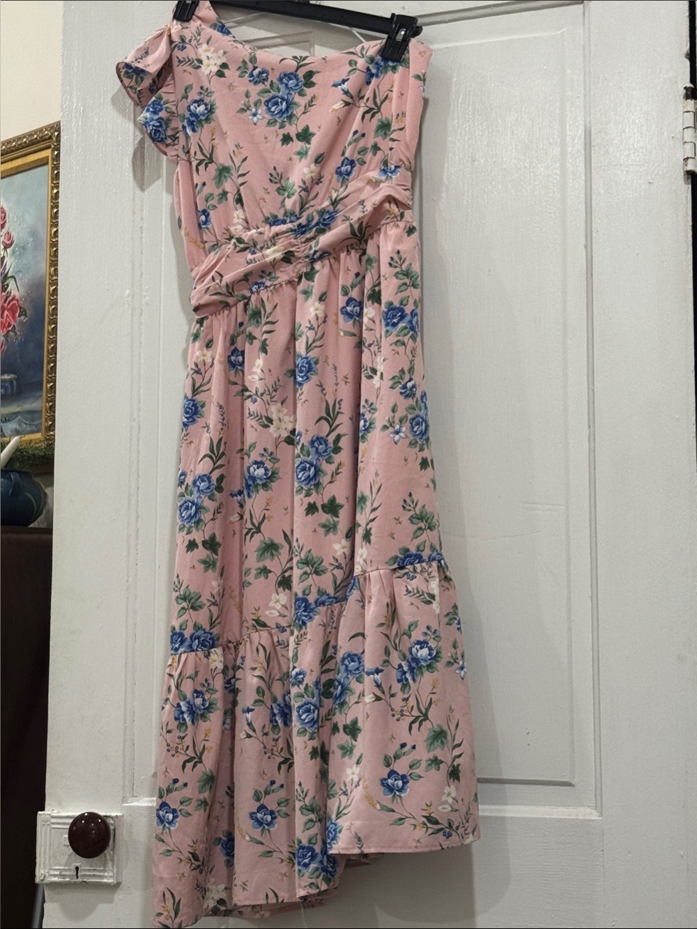 eesome Pink One-Shoulder Floral Dress with Blue Roses